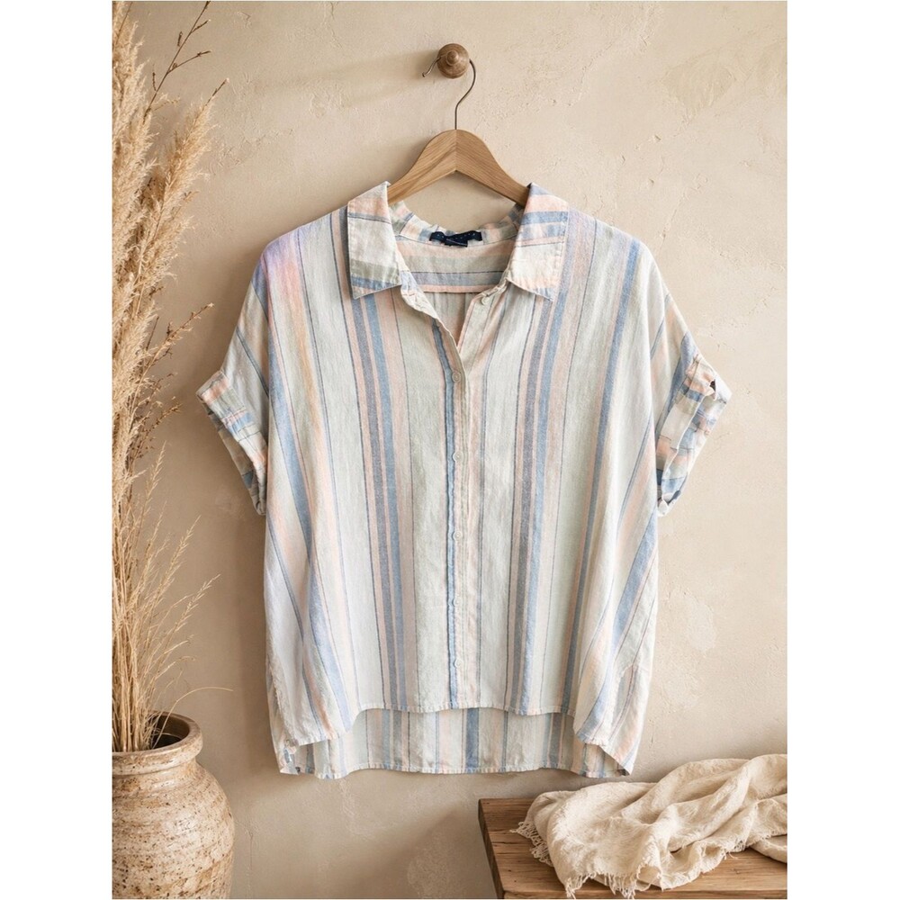 Sanctuary‎ Women’s Short Sleeve Boxy Style Striped Button Down Collar Top Large